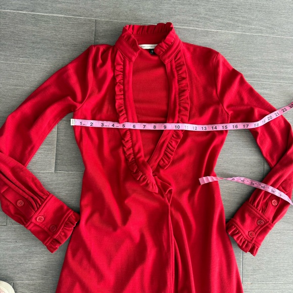 DIANE VON FURSTENBERG Volante Wrap Dress Red Wool Ruffle Trim Runway Iconic Sz 0 - Picture 15 of 16